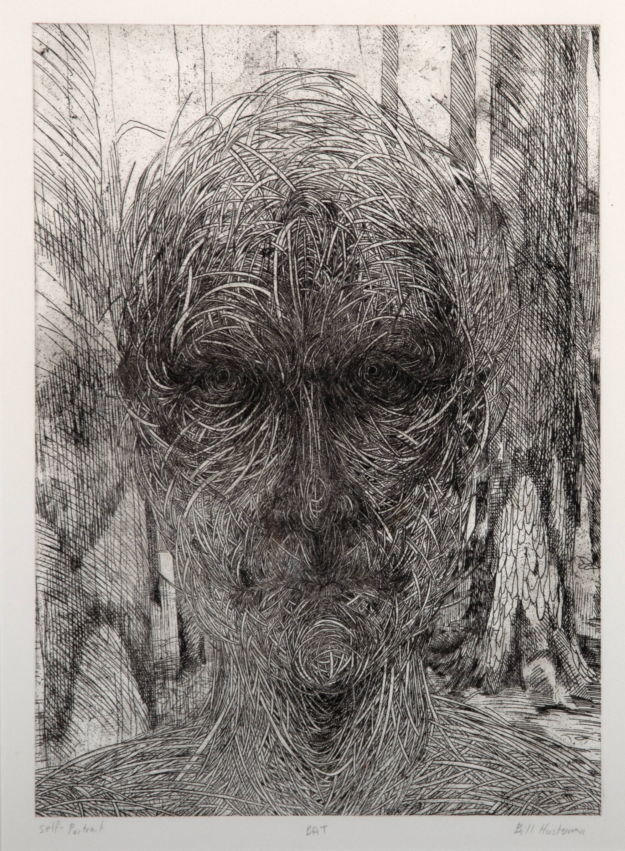 Black and white etching of a face that has the texture of a tree or bark